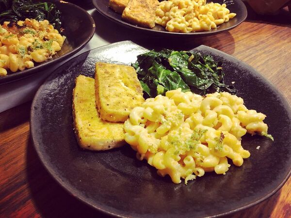 January 17, 2022 #tofufish dinner with #collards and #macandcheese #vegetarian