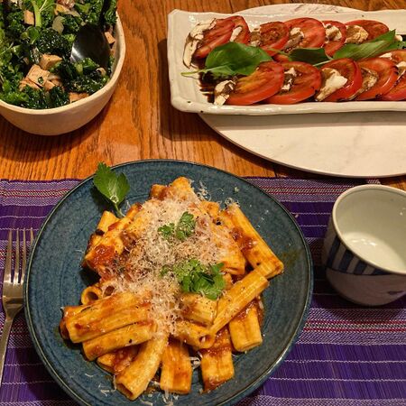Friday July 17 pasta all'arrabiatta, caprese salad, and sautéed greens w/ veggie ham