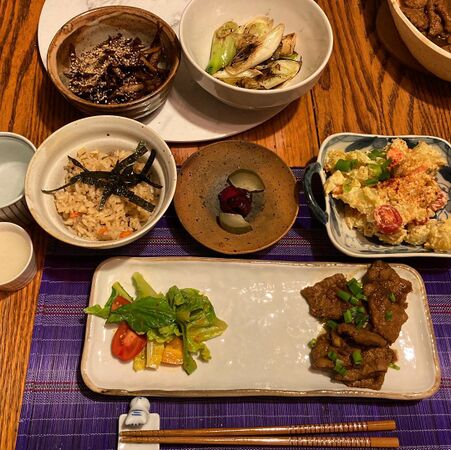 Sunday July 19 izakaya night features ginger pork, takikomi gohan, potato salad, tsukemono, grilled naganegi, seasoned gobo