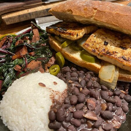 Sunday July 12 paseo sandwich (and plate w/ beans, rice, and sautéed greens)